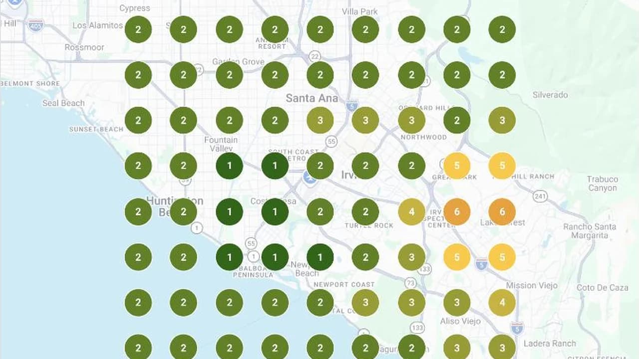 Map pack grid scan for Buzz Cybersecurity across Irvine, mostly position one and two across the grid.