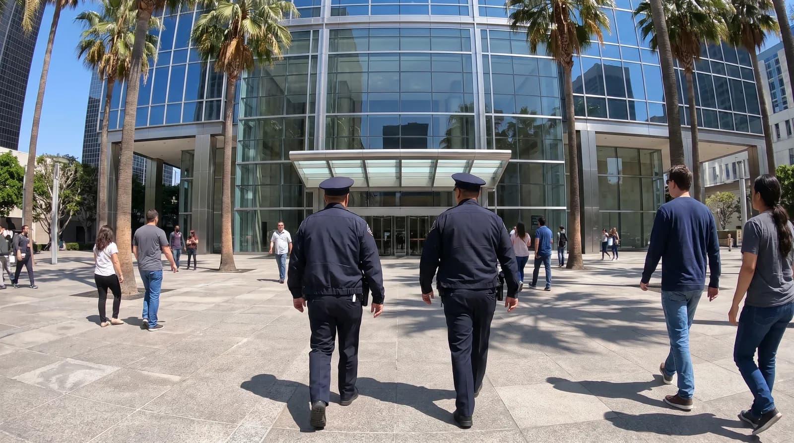 Security officers on patrol outside a Los Angeles office tower