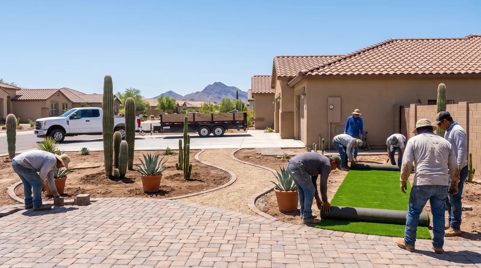 Landscaping crew finishing a desert backyard in a Phoenix suburb