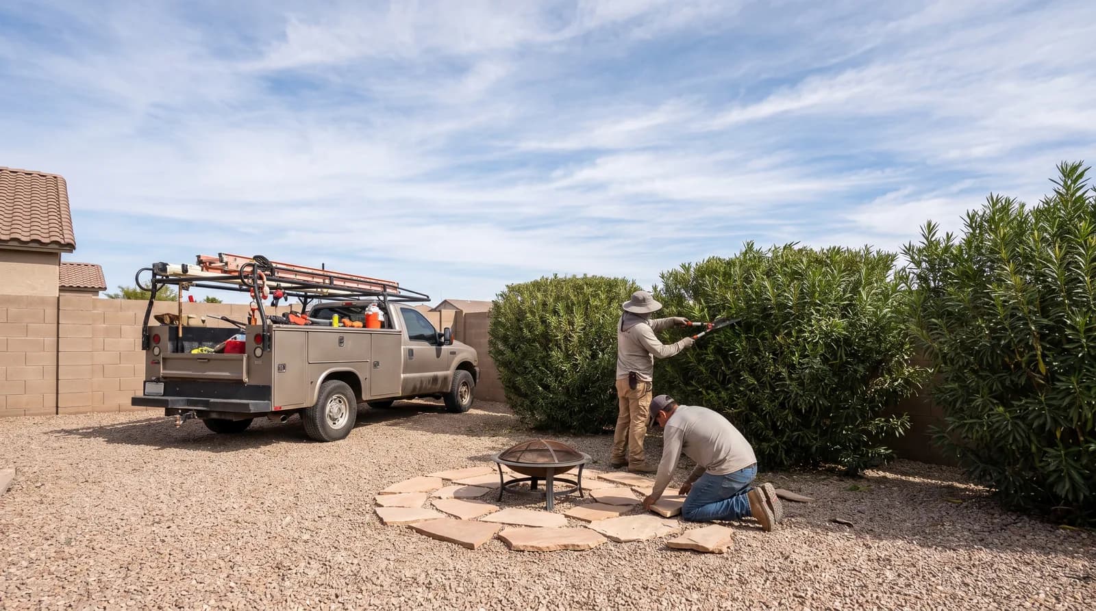 Landscaping crew shaping a backyard in Buckeye
