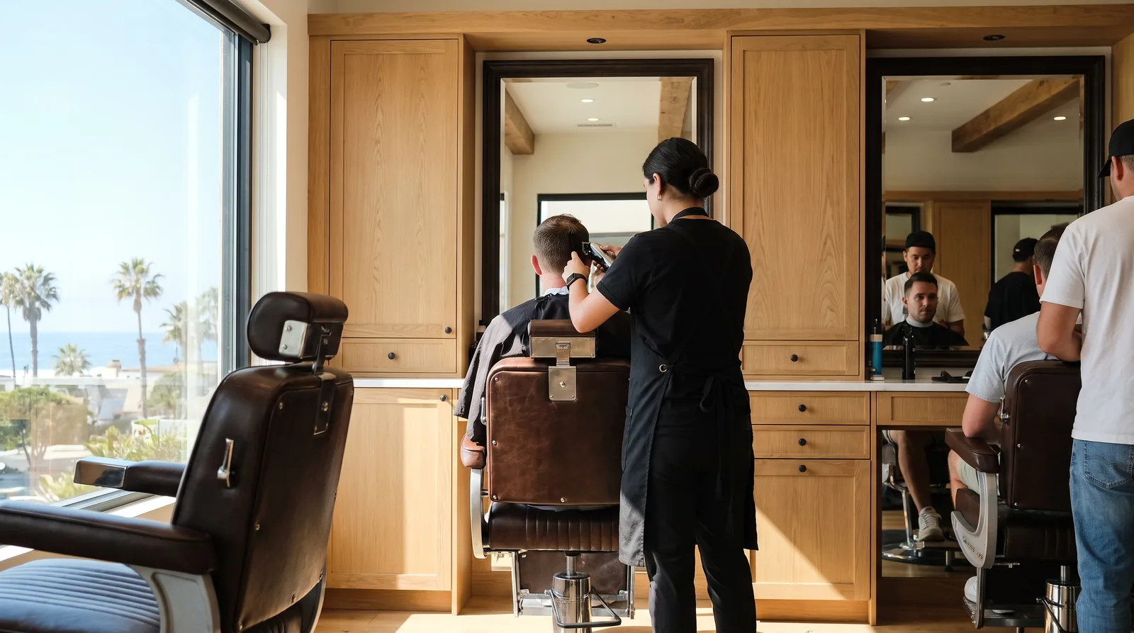 Barber at work in a Newport Beach men's grooming salon