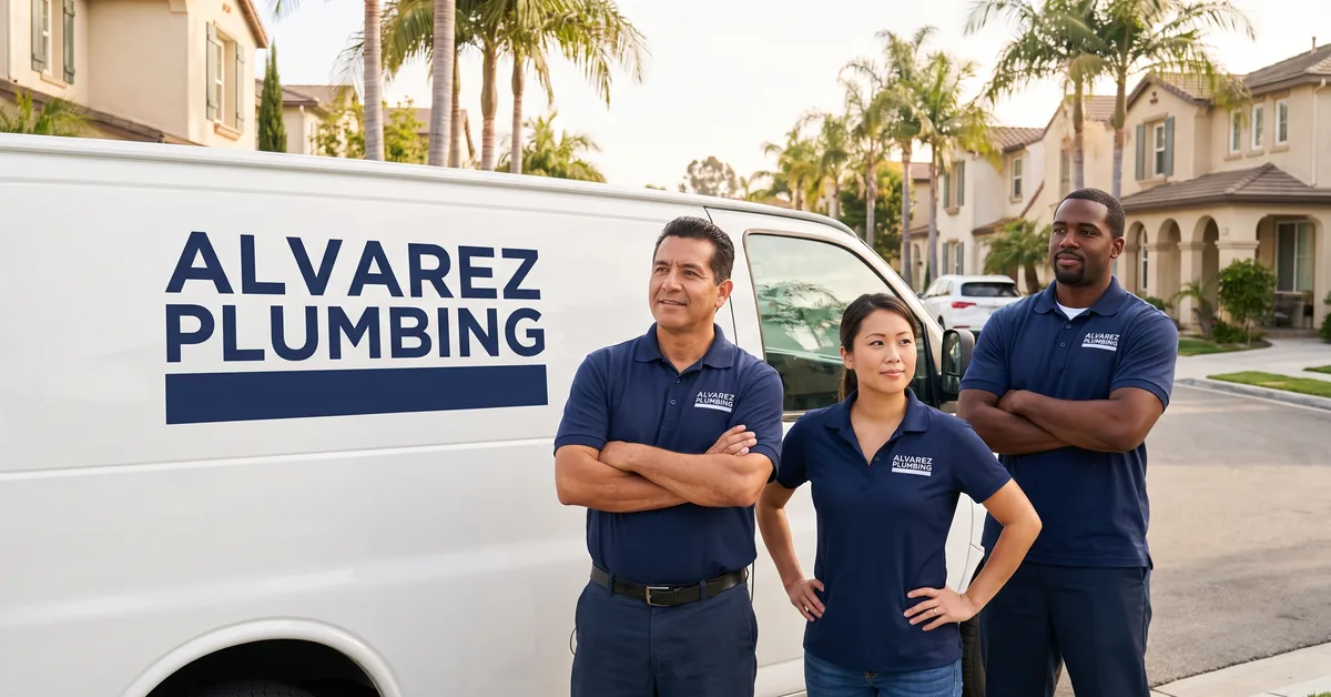 A branded plumbing van parked on a street in Irvine, the image extension on the search ad.