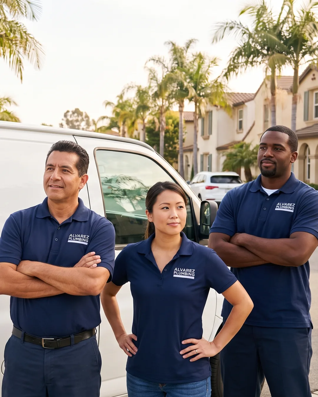 Two plumbers in branded polos standing in front of their work van.