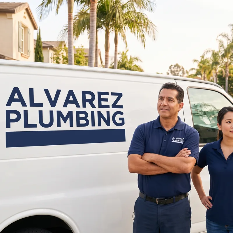 An Alvarez Plumbing van with the crew in branded polos, the listing photo on a screened local services ad.