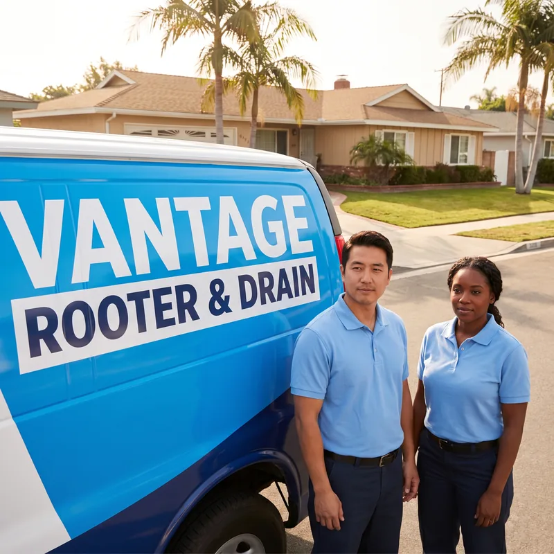 A Vantage Rooter and Drain van with the crew in branded polos, the listing photo on a screened local services ad.