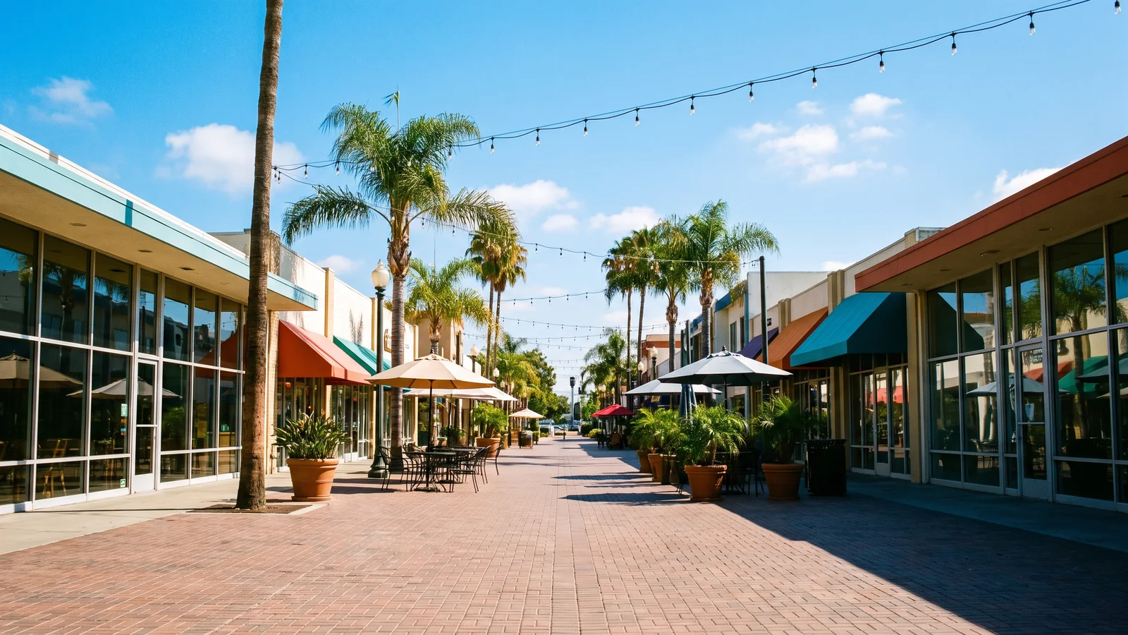 Bright daylight view of a business district in Anaheim, California, where BrandFamous serves local companies.