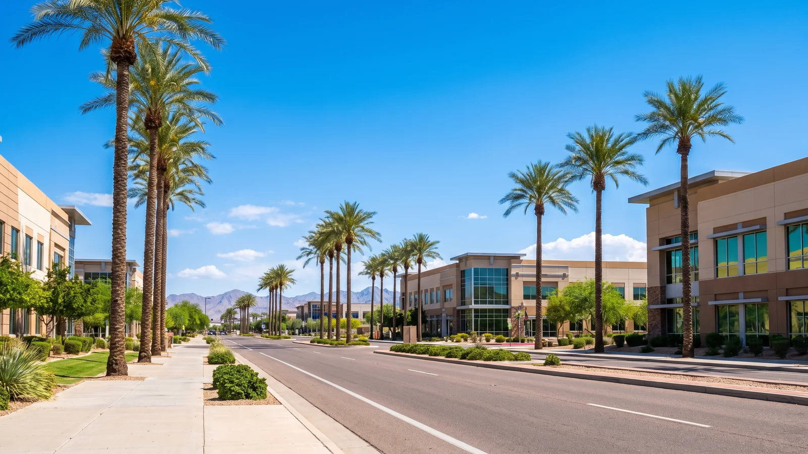 Bright daylight view of a business district in Avondale, Arizona, where BrandFamous serves local companies.