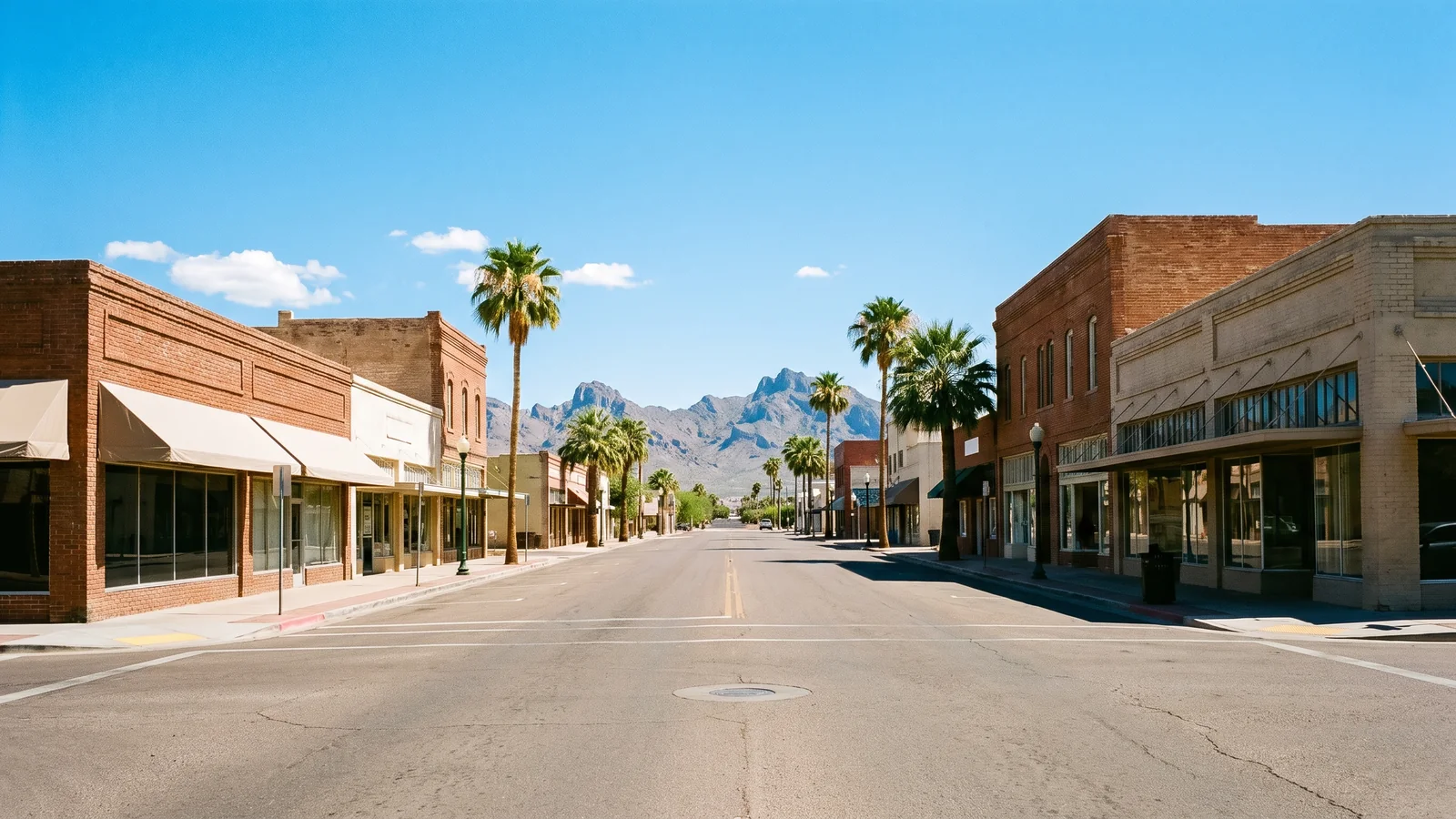 Bright daylight view of a business district in Buckeye, Arizona, where BrandFamous serves local companies.