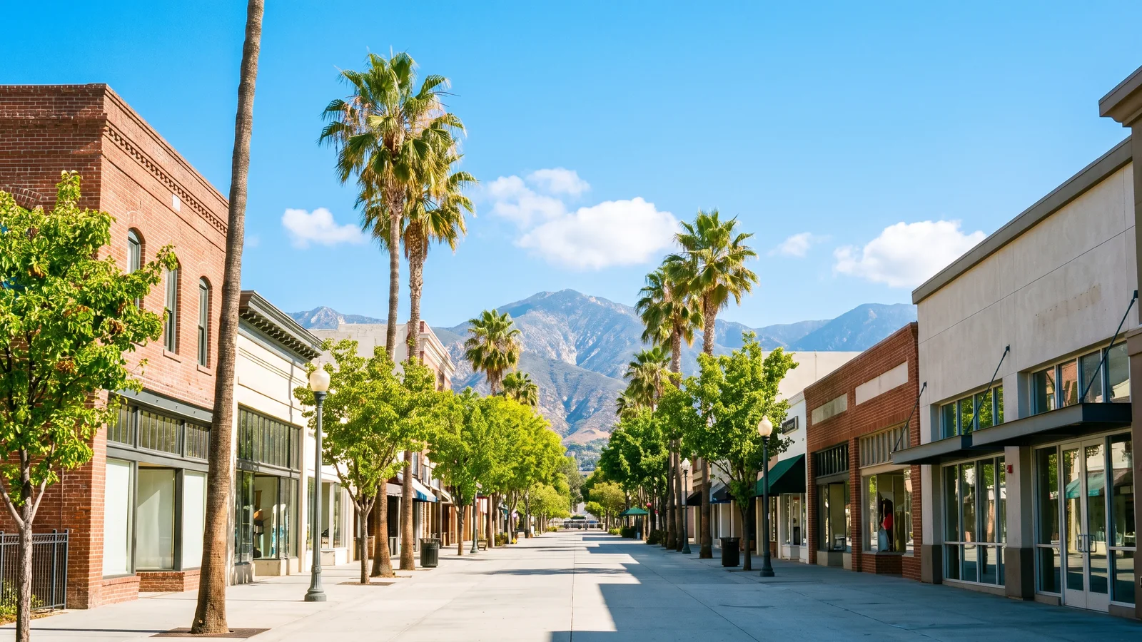 Bright daylight view of a business district in Corona, California, where BrandFamous serves local companies.
