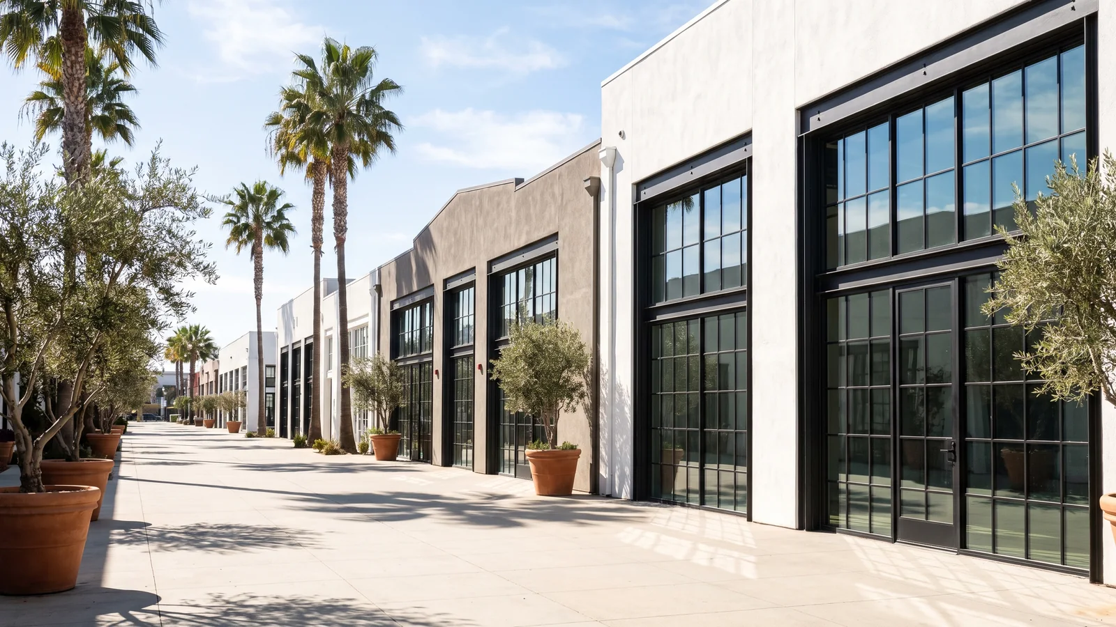Bright daylight view of a business district in Costa Mesa, California, where BrandFamous serves local companies.