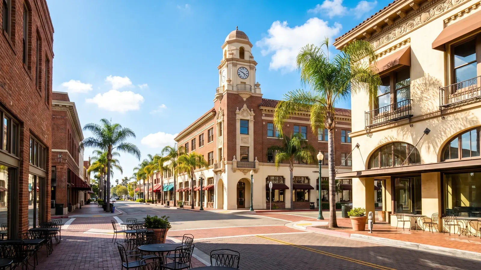 Bright daylight view of a business district in Fullerton, California, where BrandFamous serves local companies.