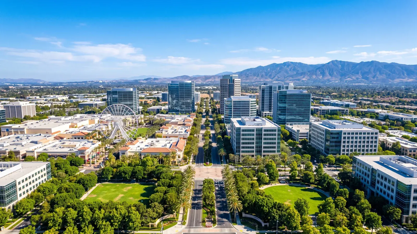 Bright daylight view of a business district in Irvine, California, where BrandFamous serves local companies.