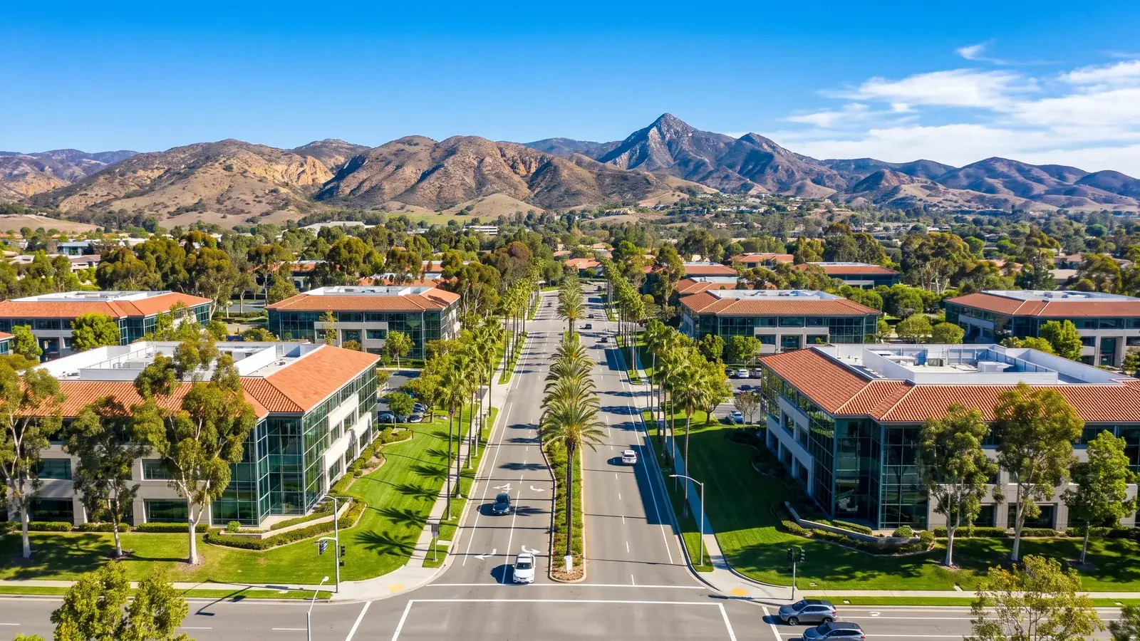 Bright daylight view of a business district in Lake Forest, California, where BrandFamous serves local companies.