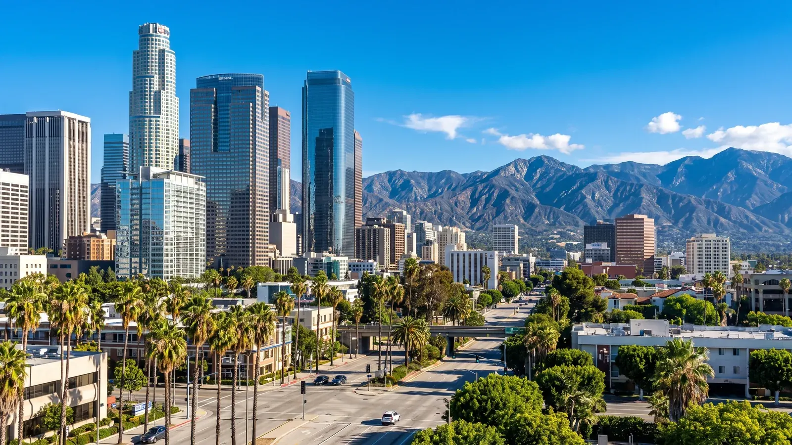 Bright daylight view of a business district in Los Angeles, California, where BrandFamous serves local companies.