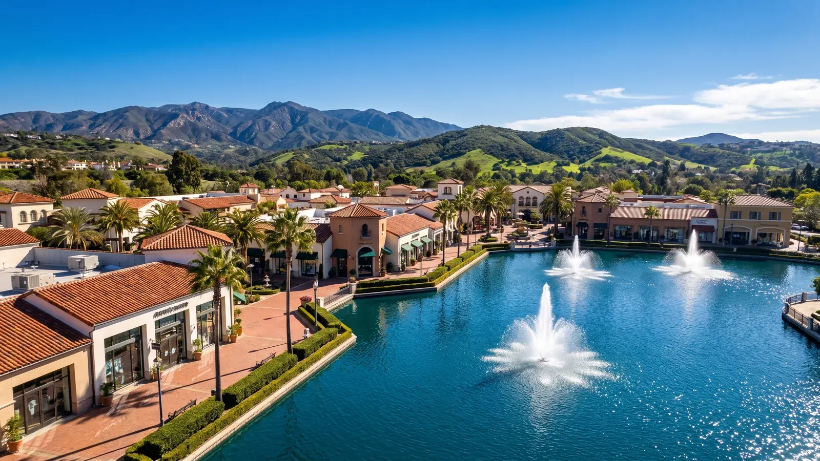Bright daylight view of a business district in Mission Viejo, California, where BrandFamous serves local companies.