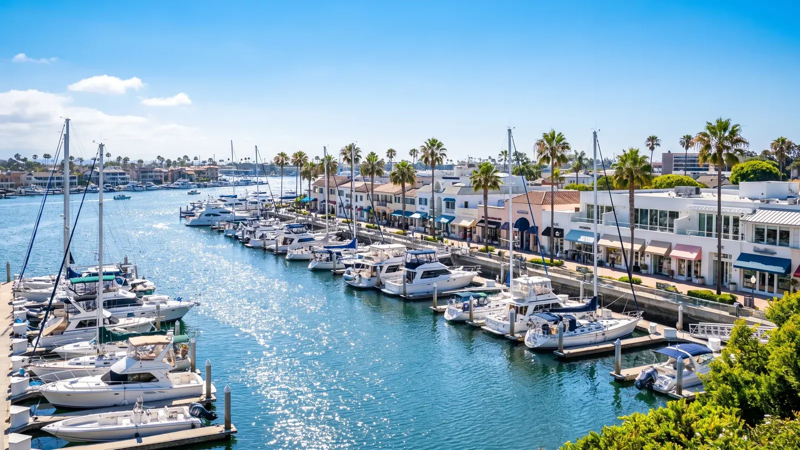 Bright daylight view of a business district in Newport Beach, California, where BrandFamous serves local companies.