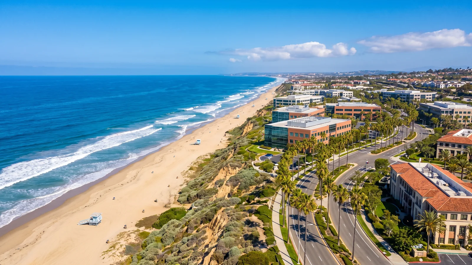 Bright daylight view of a business district in Orange County, California, where BrandFamous serves local companies.