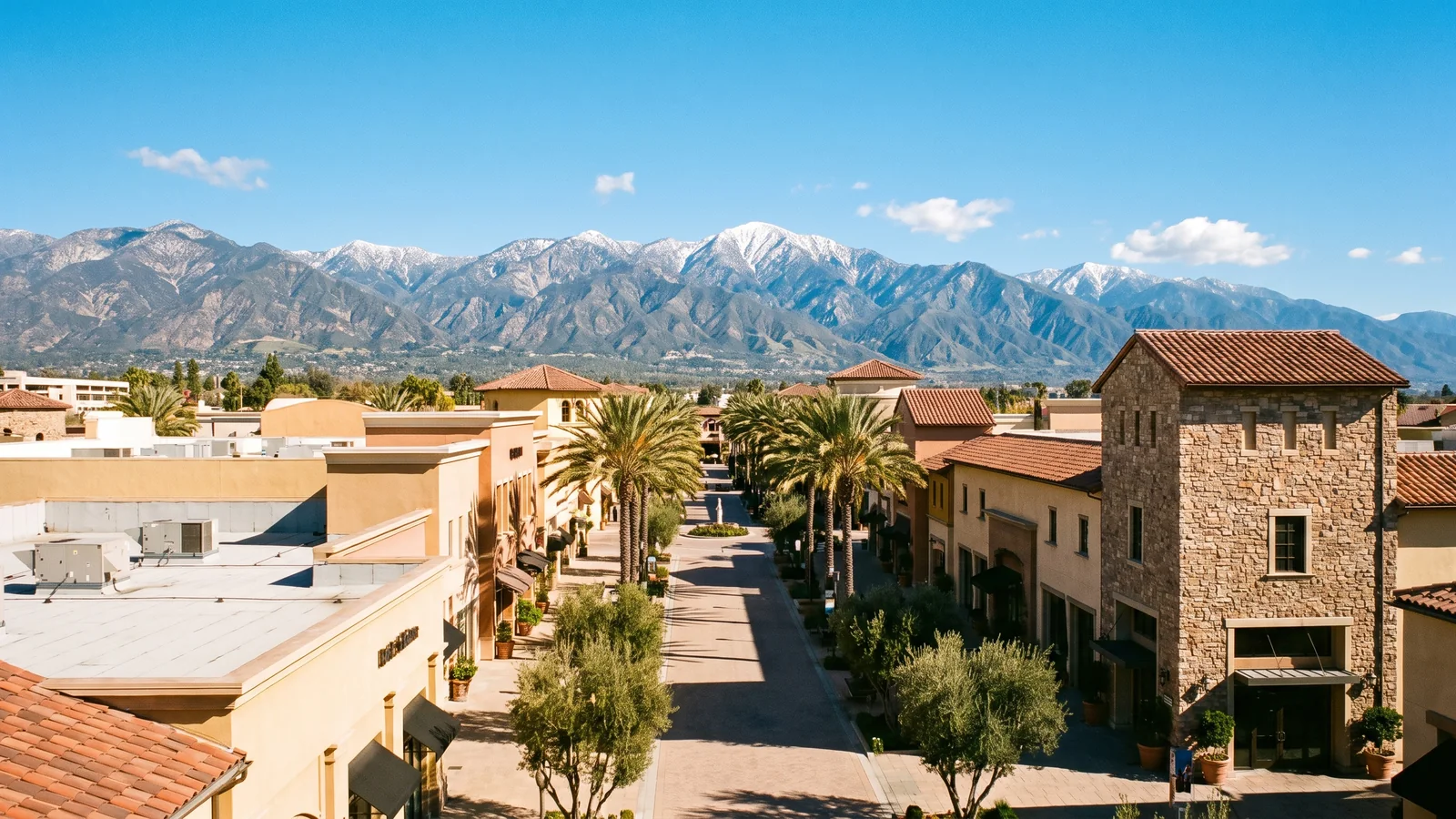 Bright daylight view of a business district in Rancho Cucamonga, California, where BrandFamous serves local companies.