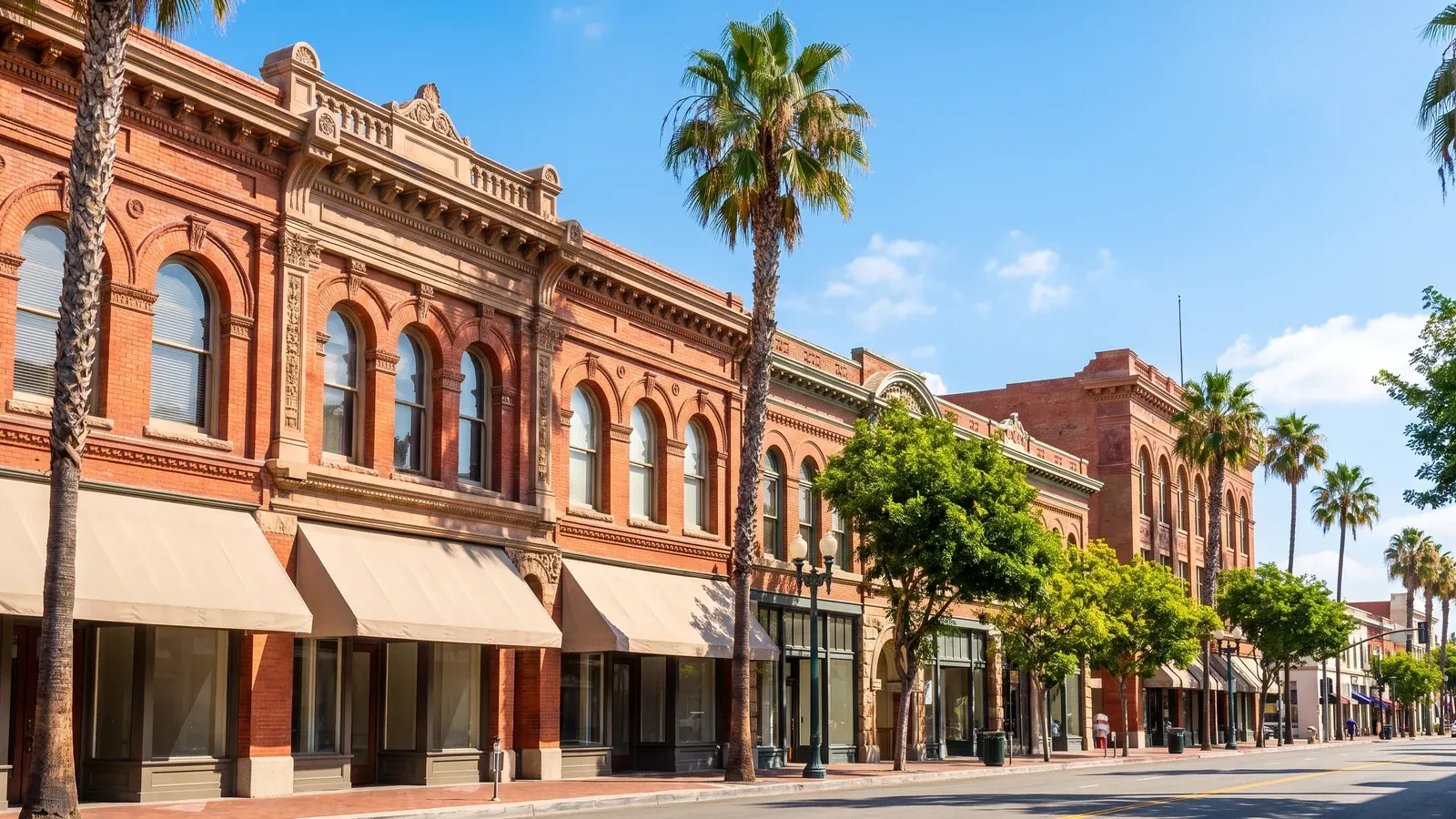 Bright daylight view of a business district in Santa Ana, California, where BrandFamous serves local companies.
