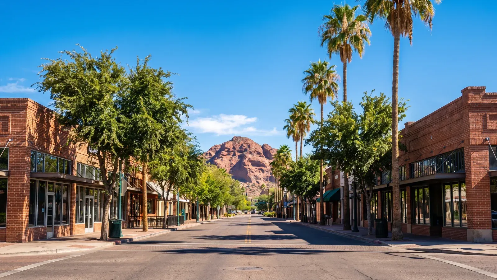 Bright daylight view of a business district in Tempe, Arizona, where BrandFamous serves local companies.