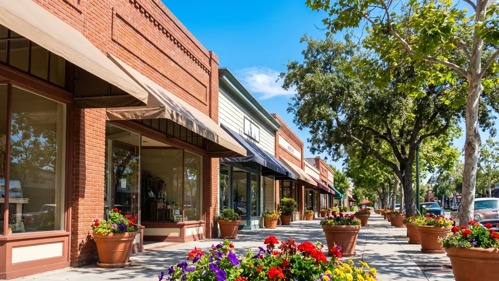 Bright daylight view of a business district in Tustin, California, where BrandFamous serves local companies.