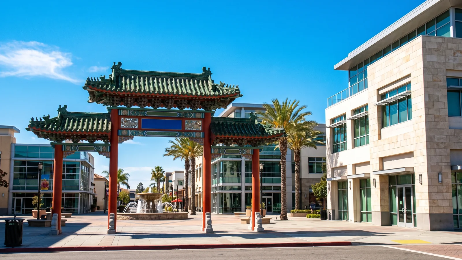 Bright daylight view of a business district in Westminster, California, where BrandFamous serves local companies.