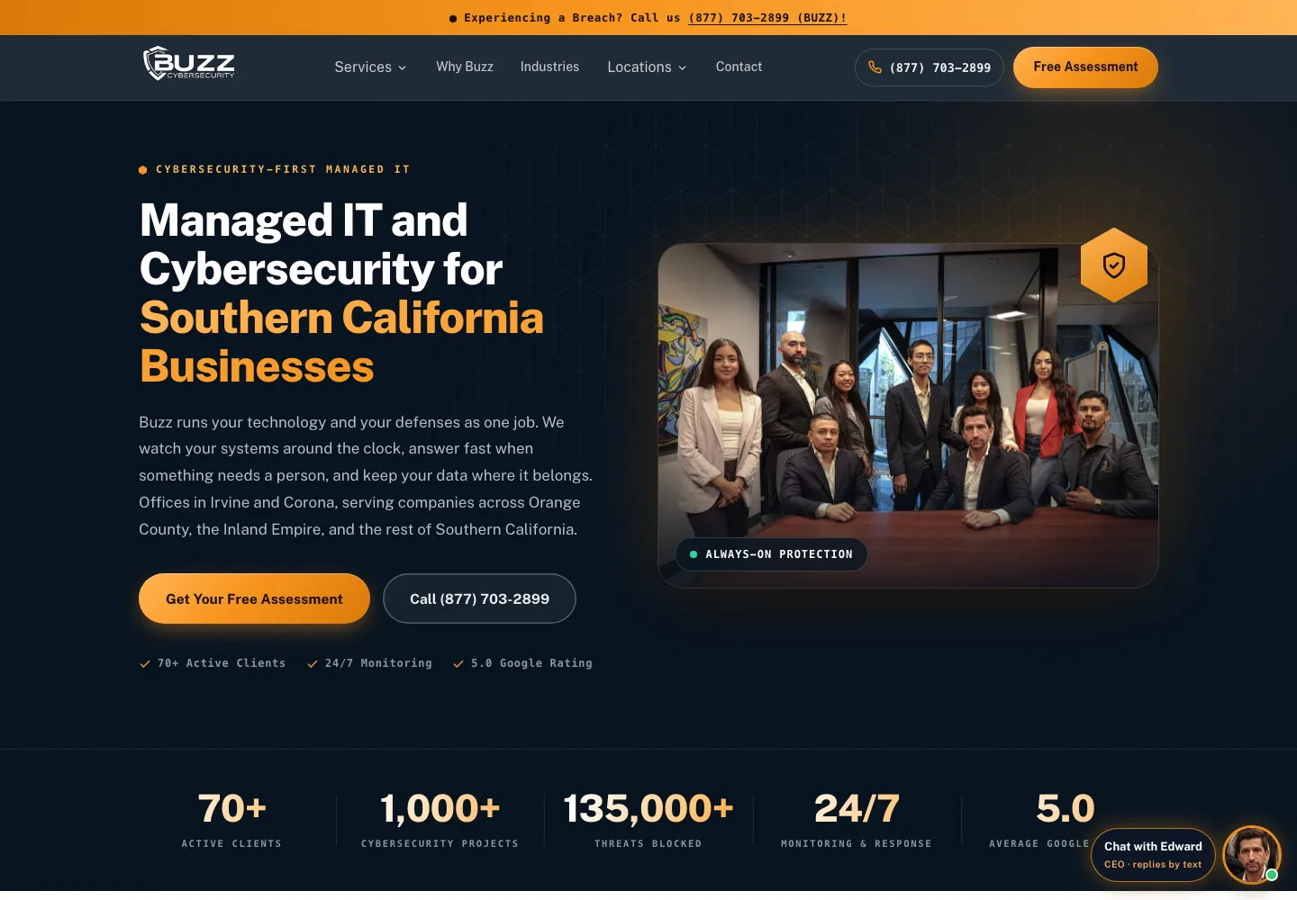 The Buzz Cybersecurity homepage, built by BrandFamous, shown in a desktop browser frame.